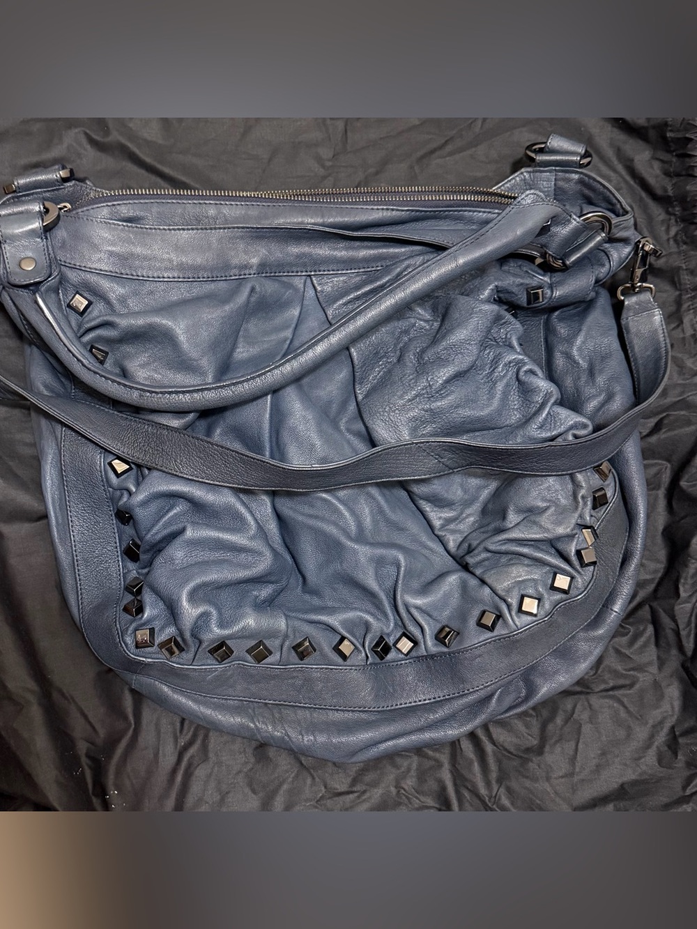Treesje Navy Blue Leather Shoulder Bag with Black Stud Accents